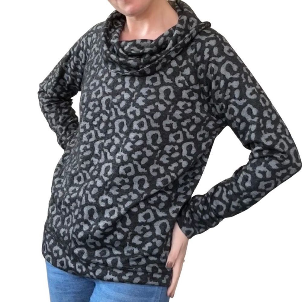 Jones New York Sport Gray Leopard Print Cowl Neck Sweatshirt L